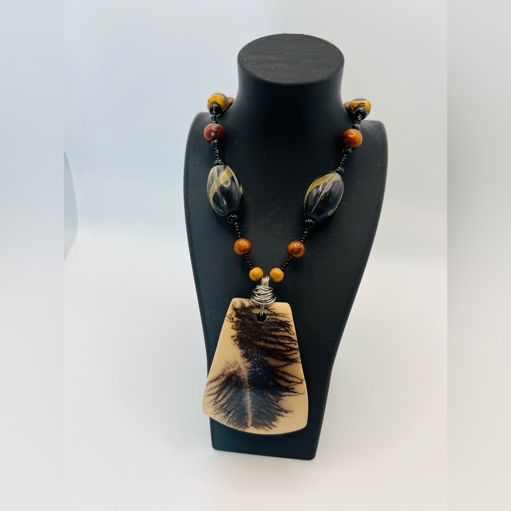 Handmade Style Pendant Necklace Brown Black Beads Large Stone Look Pendant